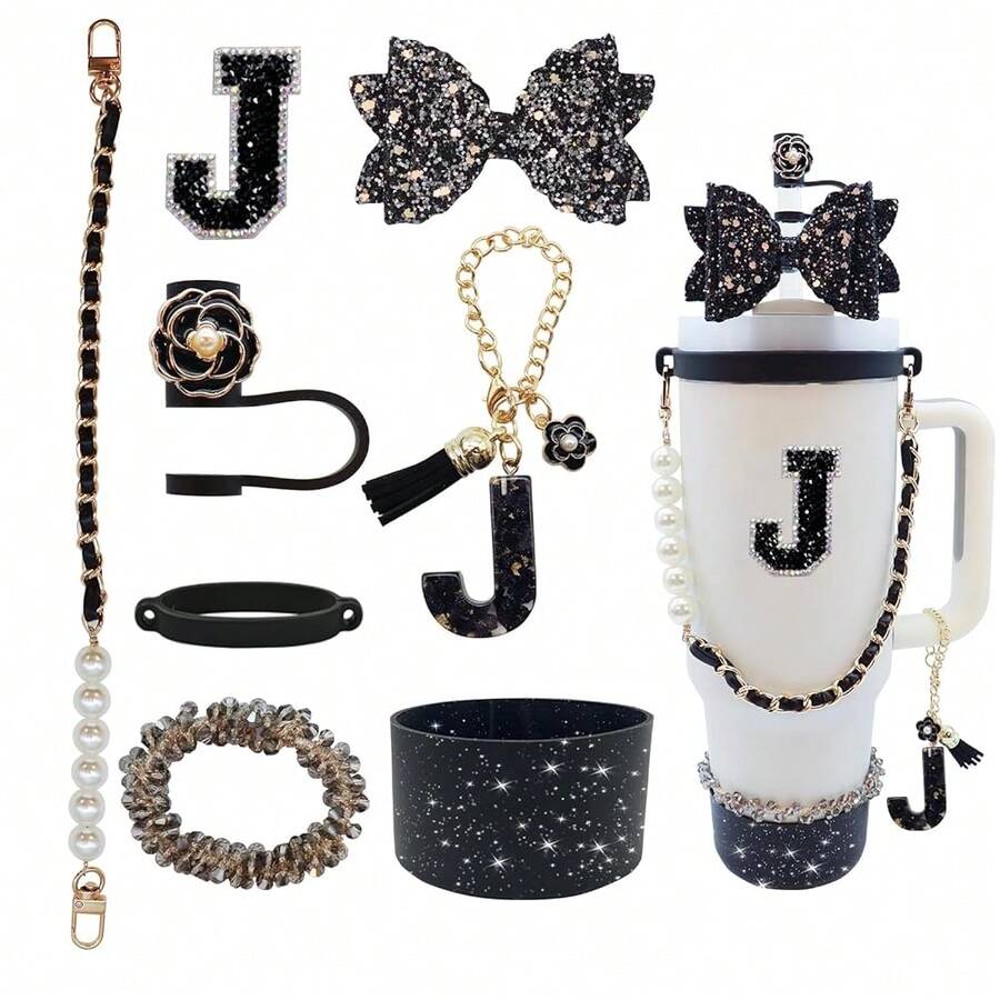 Stanley Cup Accessories Set For 40oz & 30oz Tumbler With Handle,Including Straw Topper,Boot,Water Bottle Handle Strap,Straw Bow Decorate,Bracelets,Letter Charm,Initials Sticker,Cup Ring(Black J) - 黑-J - 查看 1