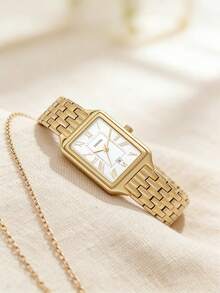 Fossil 女士 Raquel 石英不锈钢三针腕表，方形系列，不锈钢表壳/水晶表盘，表壳直径 26 毫米 ES5220 - 白色+金色 - 查看 1