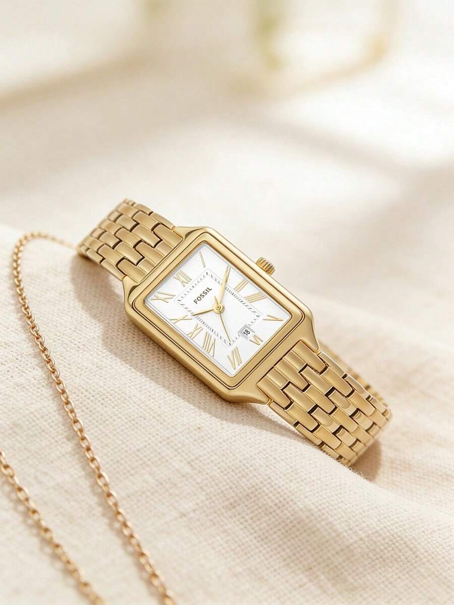 Fossil 女士 Raquel 石英不锈钢三针腕表，方形系列，不锈钢表壳/水晶表盘，表壳直径 26 毫米 ES5220 - 白色+金色 - 查看 1