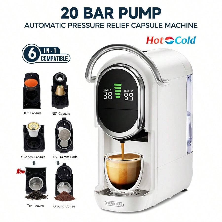 CAFELFFE 6-In-1 Capsule Coffee Machine|20 BAR|Hot & Cold Brewing|Compatible With D*|N*|K* Capsules|ESE|Ground Coffee|Tea|Automatic Pressure Release|Electromagnetic Valve|Visual LCD Panel|7-Level Water Adjustment|600ml Removable Water Tank - White - View 1
