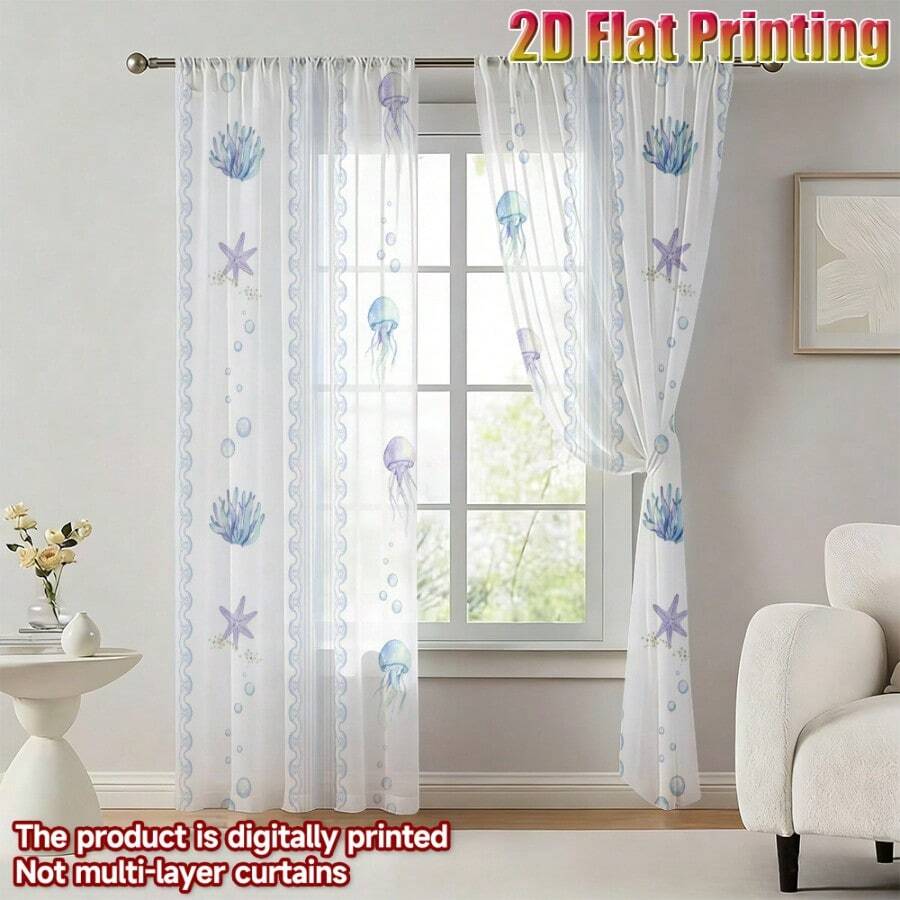 两片装水母和海星图案薄纱窗帘，采用透气涤纶面料，四季皆宜（不含窗帘杆），适用于日常家居窗户、学生宿舍、酒店和民宿，2D平面设计 - 彩色 - 查看 1