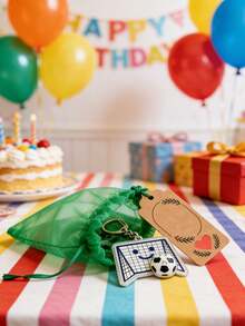 3pcs/Set Rotating Soccer Ball Keychain-Includes A Green Organza Drawstring Bag And A Cut-Out Heart-Shaped Tag. A Soccer-Themed Accessory Perfect For Weddings, Birthday Parties, And Gifts For Fans; Ideal For Decorating Bags Or Keys. - A - View 4