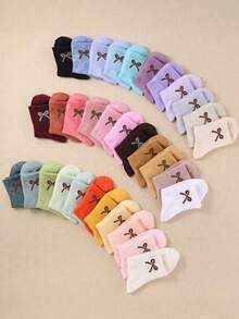 24/12/6 Pairs Random Macaron Color Girls Mid-Calf Socks With Colorful Bow Decor, Candy Color Breathable Daily Long Socks, Random Mixed Patterns, Suitable For 1-14 Years Old Girls Daily Life And School Wear, Skin-Friendly Comfortable Multifunctional Children Socks - Multicolor - View 3