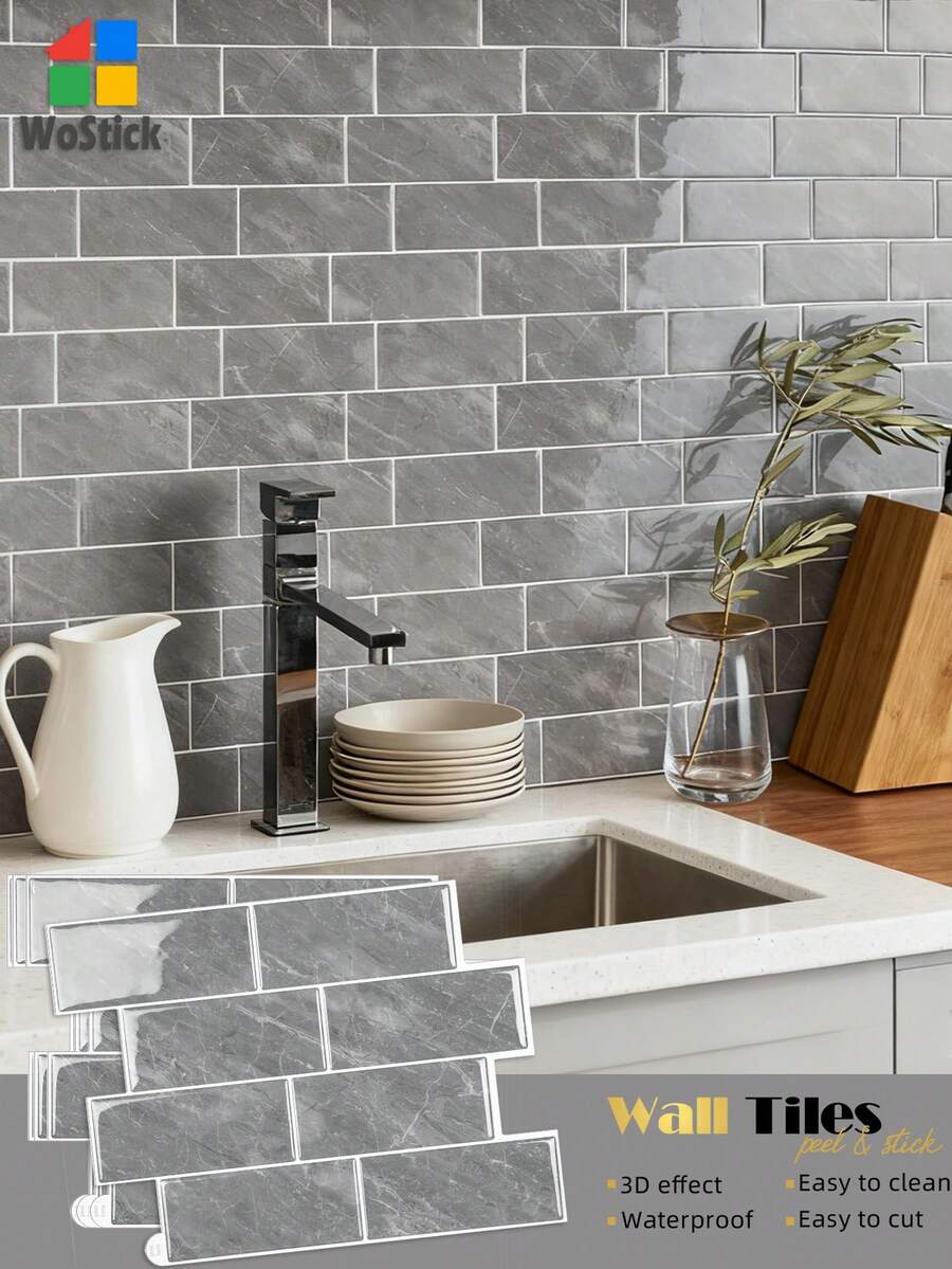 WoStick 灰色石纹防水3D砖纹墙板，可移除自粘墙砖贴纸，适用于厨房防溅板、浴室和节日装饰