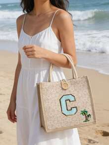 1 Pc Towel Embroidered Initials Pattern Handbag,Flower Printed Linen Handbag,Small Floral Linen Button Decorative Handbag,Simple Large-Capacity Handbag, Portable Casual Storage Tote Bag, Multifunctional Shopping Bag,New Design, Large Capacity, Ideal For Shopping, Shoulder Bag, Handbag, Lunch Bag - Multicolor - View 6
