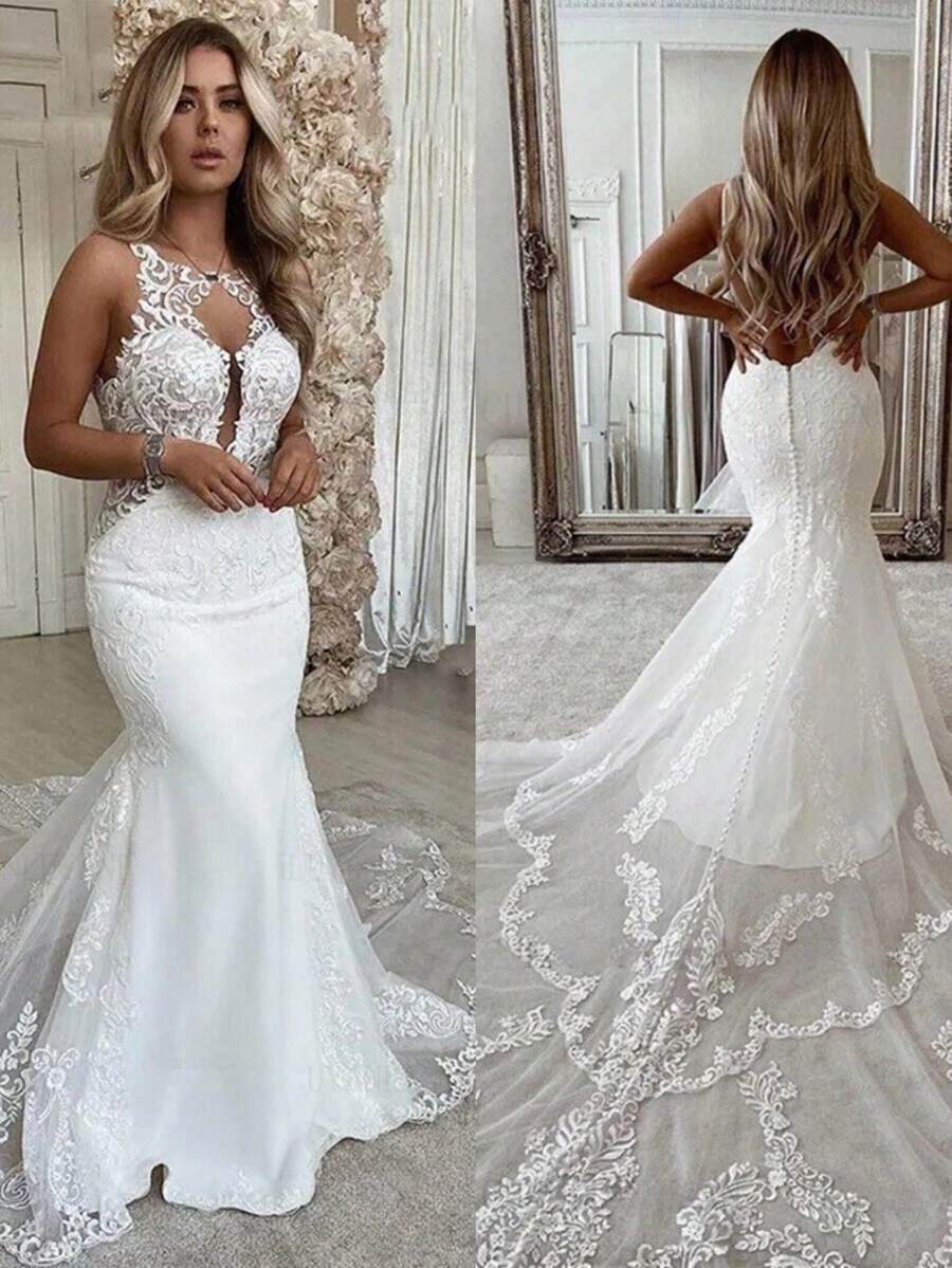 Elegant Sexy Sleeveless Lace Appliqué Mermaid Satin Formal Wedding Dress,Registry Office Dresses Bridal Gown,Evening Party Dress Birthday Party Dress Country Wedding,Romantic Church Ceremony Wedding Dress,Suitable For Wedding,Dating,Party,Singles' Party,Vacation,Formal Occasions,Dinner Dress,Prom Dress,Homecoming Dess,Cocktail Party,Wedding Guest Dress,Graduation - trắng - Xem 1
