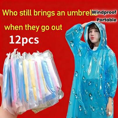 12-Piece Set Of Universal Compressed Raincoats - Made Of High-Quality PE Material, Pocket-Sized For Easy Carrying, Suitable For Hiking/Camping/Fishing, Windproof Design, Blue Floral Pattern, Unisex Adult Emergency Rain Gear.