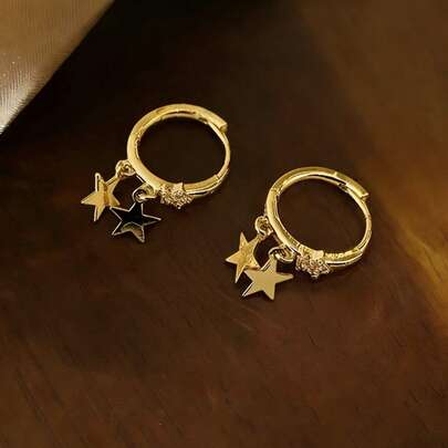 1 Pair Fashionable Petite Cute Elegant Rhinestone Pentagram Hoop Earrings, Versatile For Women To Wear Daily And Festivals
