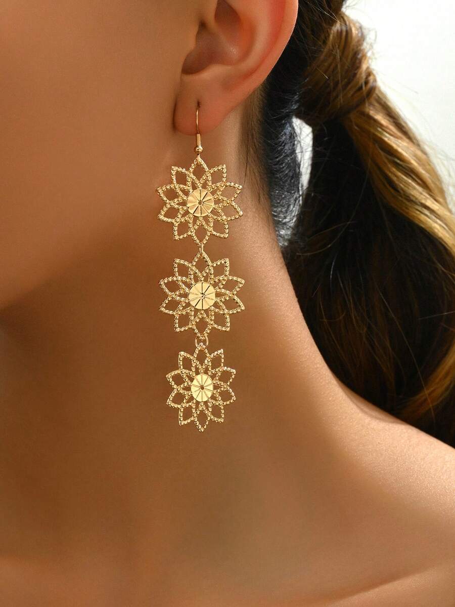 一对优雅简约镂空向日葵设计耳环，适合休闲和日常佩戴 - 金黃色 - 查看 1