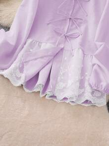 Women's Sweet Bowknot Round Neck 3/4 Sleeve High Waist Embroidered Patchwork Blouse, Tops, Spring Tops, Summer Tops Vacation - Mauve Purple - View 6