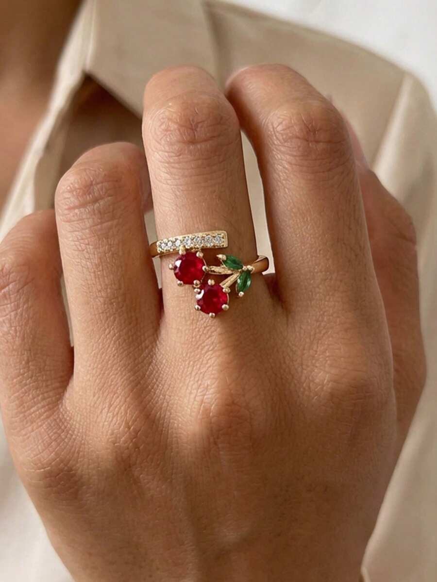 1 chiếc nhẫn nữ thời trang hình quả anh đào có thể điều chỉnh kích thước, phù hợp để đeo hàng ngày. - Nhiều màu - Xem 1