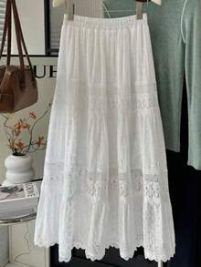 EARO 女士白色长款镂空刺绣蕾丝边半身裙，松紧腰设计，休闲无弹面料A字裙，时尚优雅百搭 - 白色 - 查看 1