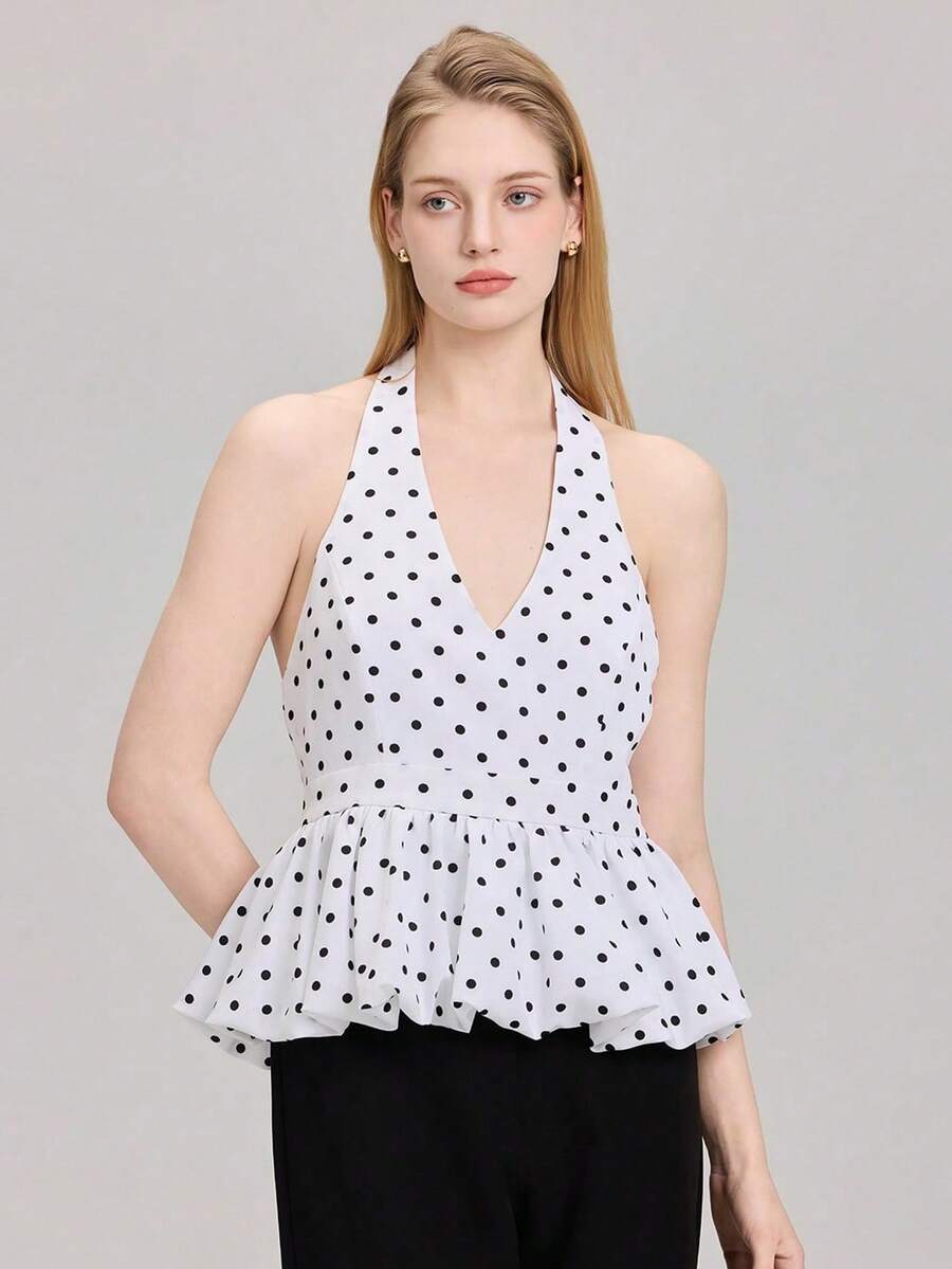 Áo kiểu thời trang chấm bi Pháp, bèo nhún, cổ yếm, hở lưng, màu trắng, thích hợp cho mùa hè. - trắng - Xem 1