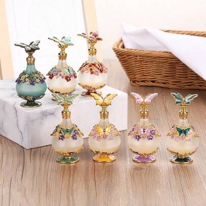 Vintage Retro Frosted Glass Refillable Perfume Bottle, Exquisite Handcrafted Enamel Butterfly Rhinestone Inlaid Decorative Perfume Atomizer, Empty Reusable Leak Proof Essential Oil Fragrance Container, Antique Style Vial For Women Vanity Home Decor, Aesthetic Ornament Ideal Birthday Mother's Day Holiday Gift For Her Mom Wife Girlfriend