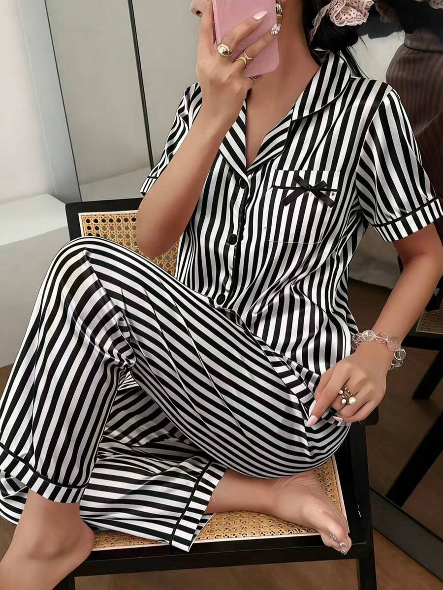 Dreamivo 2件套黑色经典条纹蝴蝶结口袋短袖裤女士睡衣家居服 - 黑色 - 查看 1