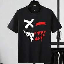 2pcs Men Creative Fashion Print T-Shirt & Shorts Set X Face Pattern And Red Teeth Design Streetwear Casual Soft Fabric Breathable Print T-Shirt & Shorts Set - Black T-shirt - View 3