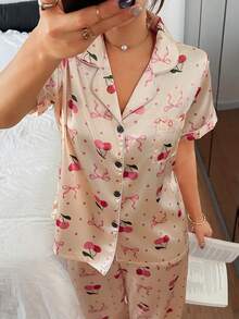 Dreamivo Conjunto de pijama de satén con estampado de cerezas, top de pijama cómodo de manga corta con botones y pantalones casuales, ropa de estar en casa y de dormir para mujer. - Albaricoque - Ver 4