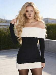 Womens 2 Piece Outfits Long Sleeve Off The Shoulder Contrast Color Plush Trim Patchwork Tops And Bodycon Mini Skirt Set - Black - View 1