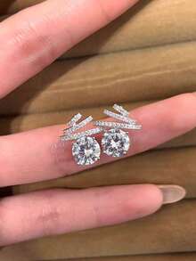 1对时尚优雅螺旋水晶圆形耳钉，独特设计，女士珠宝耳环 - 銀色 - 查看 2