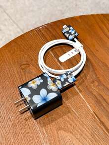 优雅蓝白花卉图案充电线收纳器，保护套，兼容 15 Pro Max、17 Pro Max、16 Pro Max、11、12、13、14 Pro Max - 黑色 - 查看 6