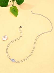 1pc Niche Elegant Double-Layer Chain Rhinestone Inlaid Choker Necklace, Geometric Delicate Versatile Necklace Jewelry For Women - Silver - View 3