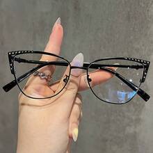 1pc Women's Fashion Plain Glasses 2024 New Vintage   Simple Exquisite Light Luxury Style High-End Cat-Eye Rhinestone Plain Glasses With Decorative Metal Hinges, Suitable For Daily Decoration And Versatile Use - Khung C2 màu đen xanh - Xem 9