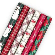 Hallmark - Papel de regalo navideño reciclable rústico 6 rollos: 54.8 m2 total rojo blanco y verde cazador a cuadros flor de pascua copos de nieve "Feliz Navidad" muñeco de nieve Papá Noel - Verde cazador rojo blanco a cuadros mueco de nieve Pap Noel - Ver 8
