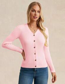Women's Long Sleeve Button Up Cardigan Sweaters Ribbed Knit Open Front Casual - Pink - View 4