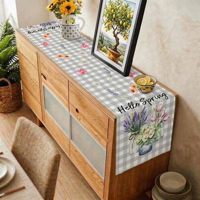 1 chiếc khăn trải bàn màu hoa oải hương, khăn trải bàn mùa xuân và hè, bình hoa tulip nở rộ, trang trí bàn ăn trong nhà bếp, tiệc tùng, họa tiết hoa lá kẻ caro kiểu Buffalo.