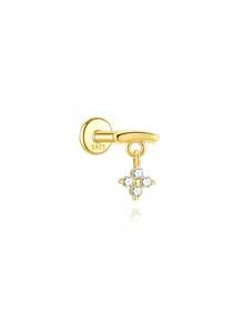 1Pc 925 Sterling Silver Gold Plated Four Leaf Clover Dangle Flat Back Piercing Earring, Fashion Minimalist Design, Low Allergy, Women Girls Daily Wear, Mother's Day Wedding Party Gift - Gold - View 8