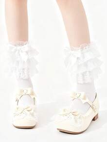 1 Pair White Sweet Lolita Ankle Socks With Double Lace Ruffle & Bowknot, Soft Cotton High Stretch, Frilly Princess Girly Style, Perfect For Lolita Fashion Cosplay Tea Party Daily Outfits - Multicolor - View 7