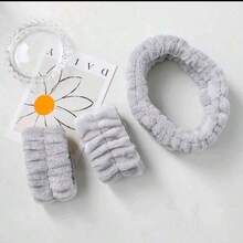 3pcs Set: Plush Absorbent Headband And Wrist Protector, Suitable For Face Washing, Skincare, Bathroom. Colors: Pink, White, Gray. The Wrist Protector Helps Keep The Wrists Dry During Face Washing. - FC64 Headband Set - View 12