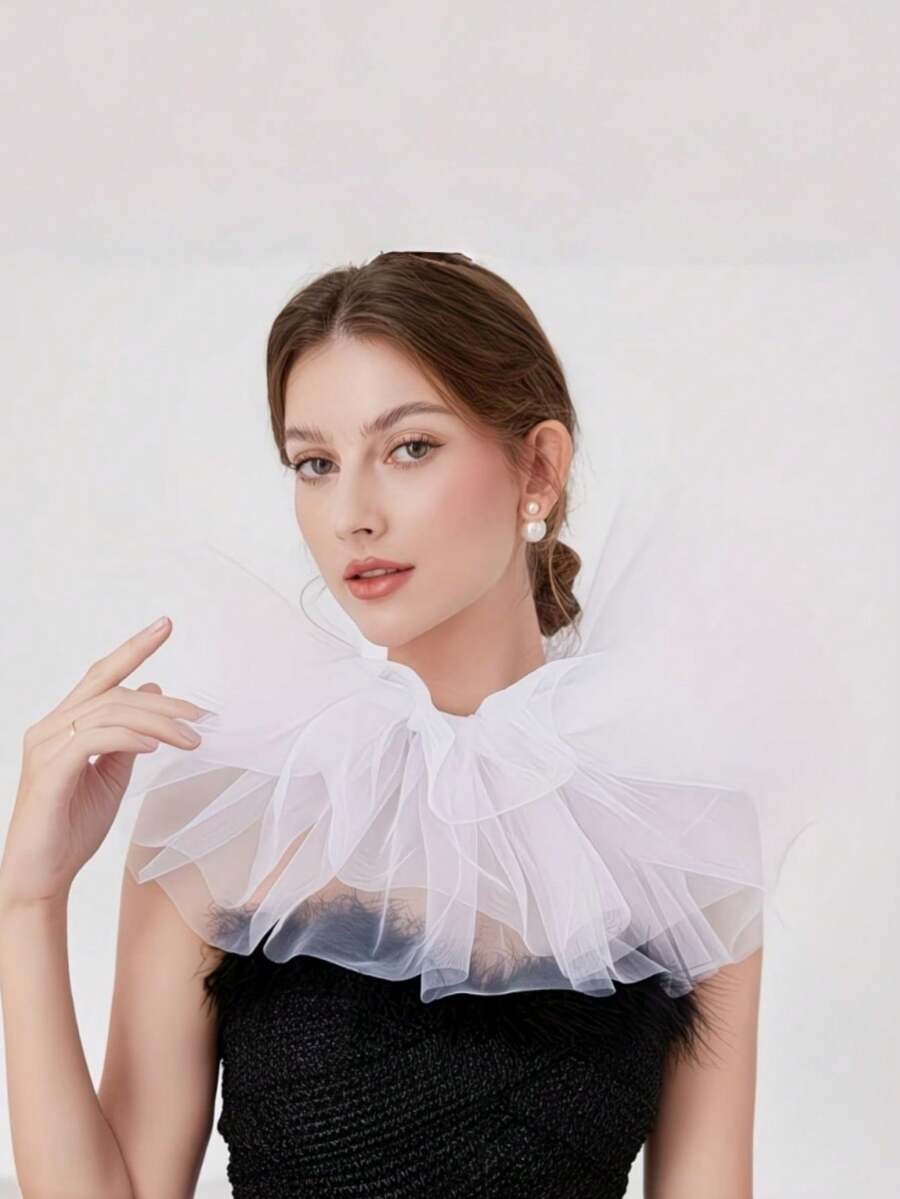 1 chiếc áo khoác lưới phồng dáng rộng cho nữ, có cổ giả xếp ly, có thể tháo rời, thích hợp cho lễ hội và du lịch. - Nhiều màu - Xem 1