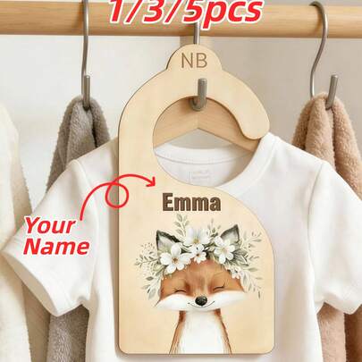1/3/5pcs Custom Kids Wooden Closet Divider Hanger, Personalized Name & Size Baby Clothes Organizer, High-Quality Smooth Wood Nursery Closet Separator, Floral Fox Design, Perfect For Easter, Mother's Day, Father's Day, Baby Shower, Birthday, Ideal For Nursery Closet, Kids Wardrobe, Baby Clothes Sorting & Children's Room Keepsakes