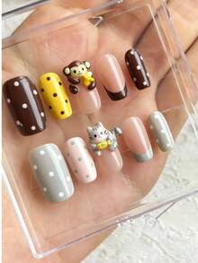 10 PIEZAS Uñas postizas cuadradas medianas con forma francesa de estilo Kawaii 3D de monos y gatos, uñas postizas adorables de animales, uñas de gel hechas a mano personalizadas, uñas postizas reutilizables con herramientas de uso - Multicolor - Ver 3