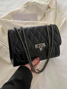 LEATVOOK Elegant Black Quilted Crossbody Bag For Women With Golden-Tone Clasp & Metal Chain Strap - Lightweight Shoulder Purse, Adjustable Strap, Polyester Lined, Urban Fashion Accessory, Versatile Shoulder Bag | Quilted Design | Purse, Small Crossbody Bag, Best Valentine's Day Gifts.. - màu đen - Xem 9