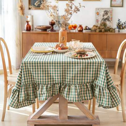 1pc Green Plaid Ruffled Tablecloth, Modern Minimalist Household Dining Table Cover, Square Dust-Proof Cloth Suitable For Restaurant, Living Room, Kitchen Decor