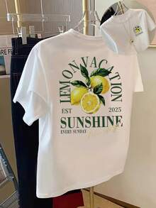 Women's Daily Lemon Vacation Sunshine 2025 Fri-Yay Green Slogan Lemon Graphic Round Neck Short Sleeve Casual T-Shirt Top, Vacation Wear For Women, Summer Clothing, Spring Clothing, Tops, Club Wear White - White - View 5