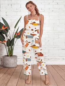 女士无袖连体裤，动物纹印花 | V 领系带设计 | 休闲舒适的涤纶混纺连体裤，适合度假、海滩、夏季穿着 - 轻盈透气 白色优雅 - 白色 - 查看 7