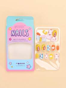 24pcs Milky White Teddy Bear Theme Short Nails For Children, With Gentle Beige Base And Warm Brown Cartoon Elements. Soft And Cute Style, Radiating Adorable Charm, Suitable For Children To Wear. - Multicolor - View 3