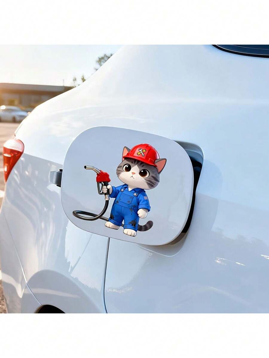 1pc Car Sticker, Car Decal, Gas Tank Sticker, A Small Cat Wearing Blue Overalls And Red Cap Refueling Your Car, PVC Material Self-Adhesive Removable Waterproof, Car Decoration, Decorative Sticker
