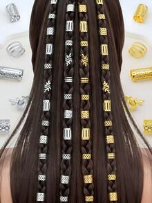 100 Stück Vintage Boho-Stil Legierung Haarringe Set, künstliche Dreadlocks Haarverlängerungen, Haarringe zum Flechten und DIY Frisuren Design Haarspangen - Gold + Silber - Übersicht 5