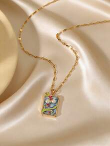 1 pieza Collar colgante cuadrado con diseño de nicho, pintura de perla esmaltada vintage para mujeres, elegante y lujoso para uso diario, adecuado como regalo para la novia en días festivos, aniversarios y cumpleaños - Dorado - Ver 4