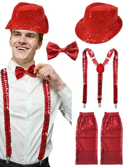 Bộ 4 món D EXCEED phong cách retro thập niên 1970 gồm mũ đính sequin, tất giữ ấm chân đính sequin, nơ đeo cổ và dây đeo quần, phụ kiện trang phục disco cho tiệc disco, tụ họp theo chủ đề thập niên 70, chụp ảnh sự kiện retro, biểu diễn sân khấu, dạ hội.