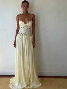 Sexy Spice Girl Casual Vacation Wind Embroidery Water Soluble Lace Hollow Splicing Chiffon Suspender Dress - 黃色 - 查看 2