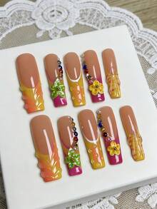 10pcs French Luxury 3D Line Flower Rhinestone Hot Girl Style Acrylic Press On Nails For Hands, Vacation, Vacation Outfits, Graduation, Wedding, Holiday Party, Suitable For Girls - Orange - View 5