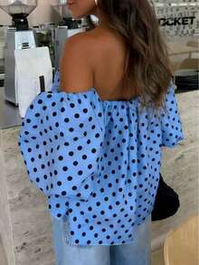 Women's Polka Dot Contrast Color Pleated Off-Shoulder Top, Suitable For Beach And Daily Wear, Spring/Summer - Blue - View 3