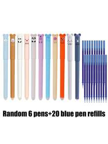 26pcs Bear Shaped Erasable Pens Set, Assorted Styles, 6pcs Pens + 20pcs Refills, 0.5mm Fine Tip, Colorful Ink, Built-In Eraser, Ideal For Note-Taking, Writing, Office & School Supplies, Great Gift - Multicolor - View 13