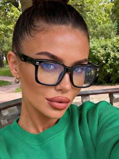 1副女士塑料长方形铆钉休闲复古风眼镜，个性街头风通勤校园纯色百搭时尚眼镜，适合返校、室内/室外及阅读