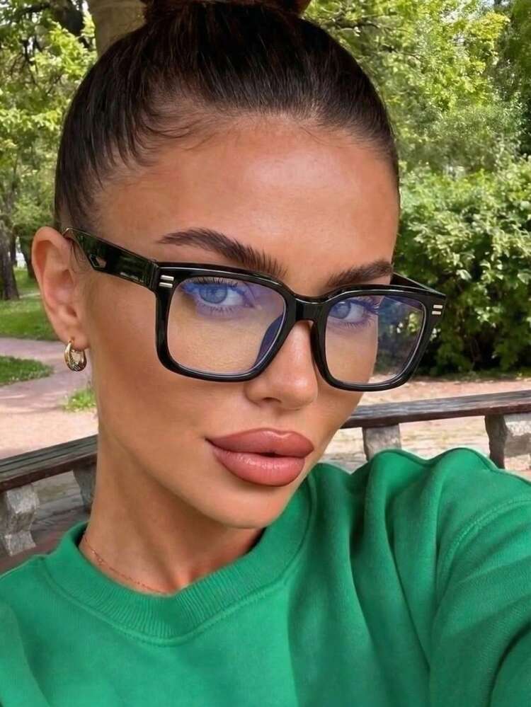 1副女士塑料长方形铆钉休闲复古风眼镜，个性街头风通勤校园纯色百搭时尚眼镜，适合返校、室内/室外及阅读 - 彩色 - 查看 1